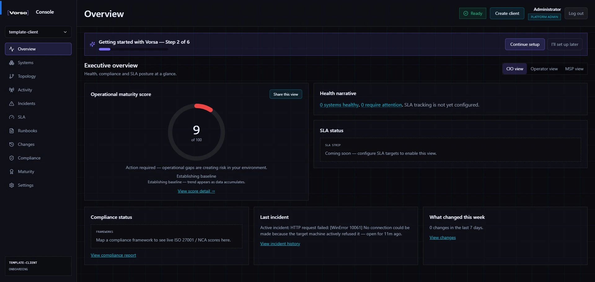 Vorsa Console CIO overview showing operational confidence, a health narrative, SLA status, and the latest incident