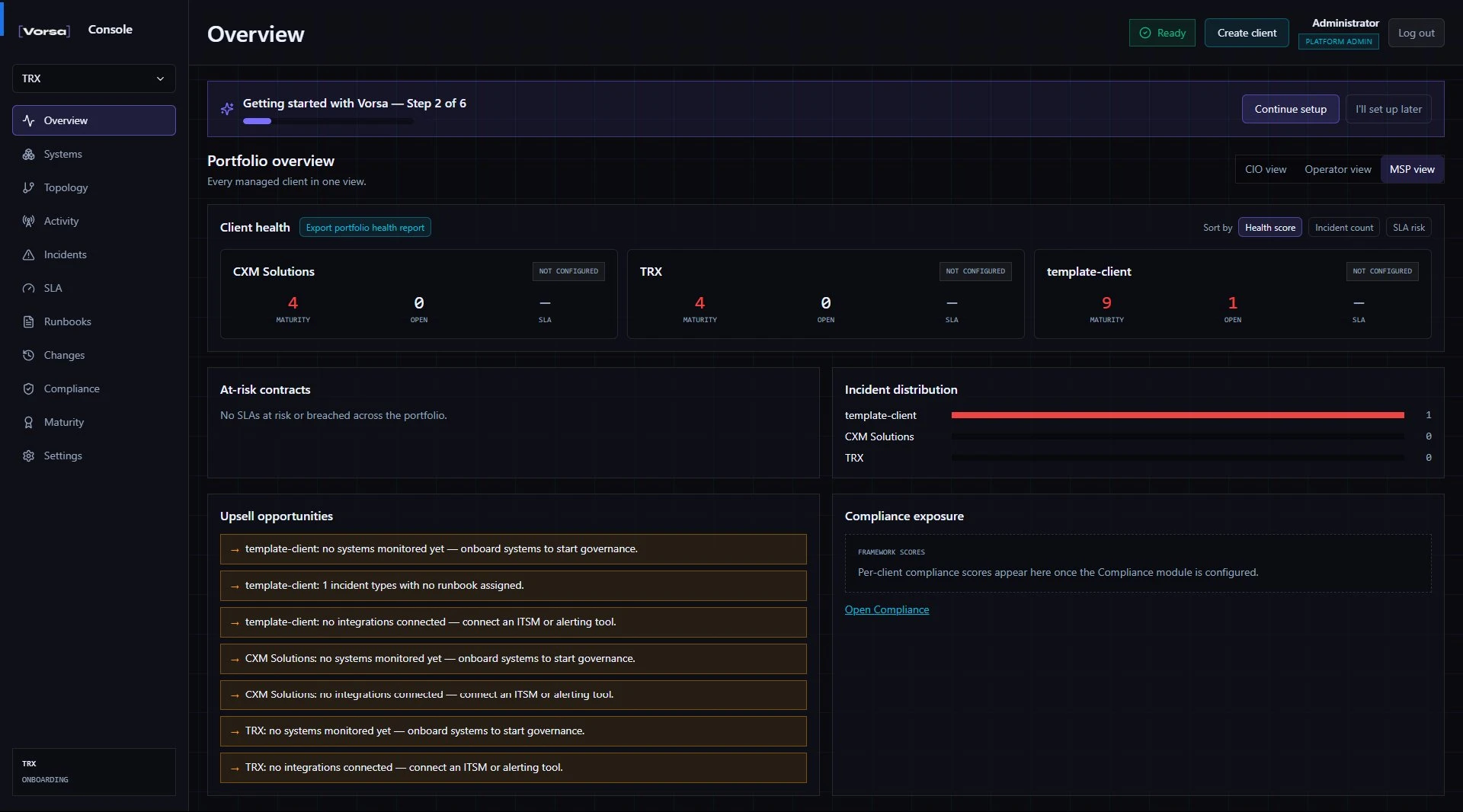 Vorsa Console MSP portfolio view showing client confidence, incident distribution, and compliance exposure